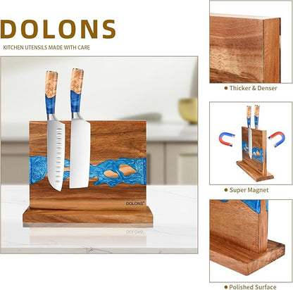 Magnetic Knife Block, Thickened Acacia Wood Resin Kitchen Knife Holder Stand with Strong Magnets, Multifunctional Double Side Knife Storage Organizer for Kitchen Counter