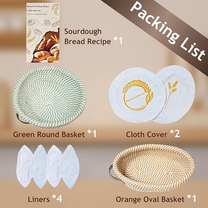 Banneton Bread Proofing Basket Set,Cotton Rope Sourdough Banneton Basket Oval Round, 10 inch Sourdough Bread Baking Supplies with 4 Liners, Handmade Proofing Bowls for Artisan Bakers Starter