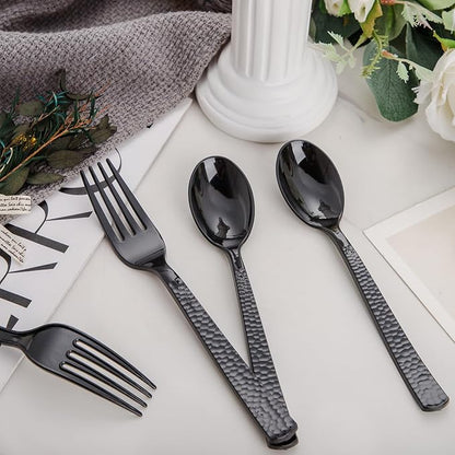 KIRE 400PCS Black Plastic Spoons and Forks Disposable - Black Plastic Silverware Set Disposable Cutlery - 200 Forks, 200 Spoons for New Year/Wedding