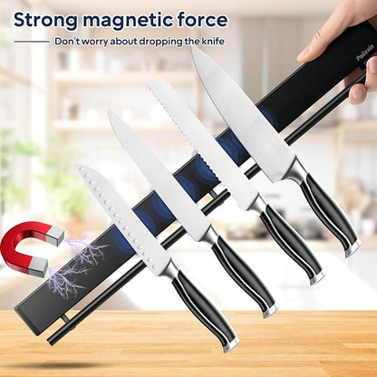 23 inch magnetic knife holder with 15 hooks, No Drilling black knife magnetic strip and utensil hanger for wall, Powerful knife magnet rack include tape and screws