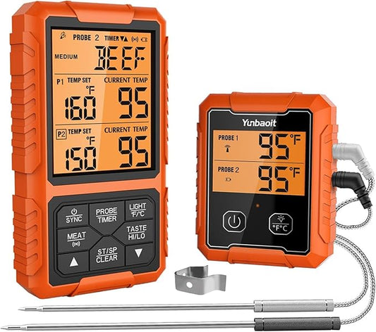 Yunbaoit Wireless Meat Thermometer, Digital Remote Food Cooking Meat Thermometer for BBQ Grill Smoker Oven Kitchen,500 FT Range&Dual Probes