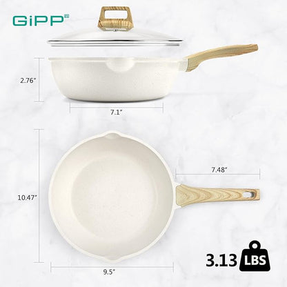 GiPP Nonstick Deep Frying Pan Skillet, 9.5" Saute Pan with Lid, Granite Induction Cookware Non Stick Cooking Pan, PFOA PFOS APEO Free, White