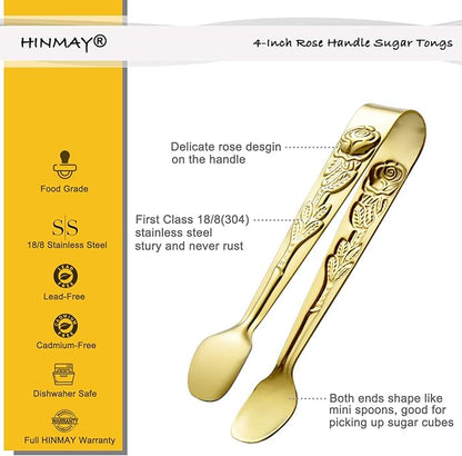 6PCS Mini Serving Tongs 4 Inches Small Rose Sugar Cube Tongs (Gold)