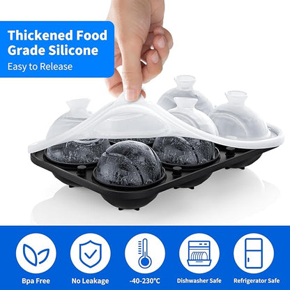 6 Chamber 2.2" 3D Tennis Gifts Ice Cube Tray With Funnel,Large Round Ice Ball Maker Mold Silicone Fun Shapes Bourbon Sphere Ice Molds,For Chilling Whiskey,Cocktails,Bourbon,Brandy and Beverages