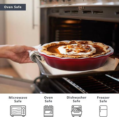 Lareina Deep Dish Pie Pan for Baking, 9 Inch Ceramic Fluted Pie Dish for Apple, Quiche, Pecan, Pot Pies, 53 Ounce Round Pie Plate, Set of 2, Red
