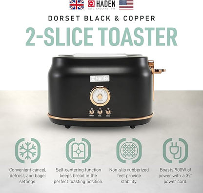 Haden Dorset 2 Slice Wide Slot Stainless Steel Toaster with Adjustable Browning Control & Non-Slip Feet, Black & Copper