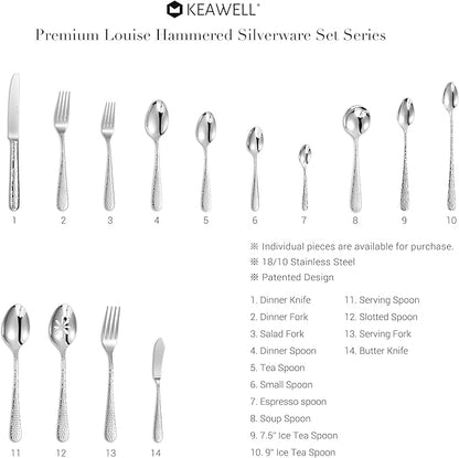 KEAWELL Premium 4-Piece Louise Hammered Spoons Set, 18/10 Stainless Steel, Set of 4, Fine Spoon Set with Round Edge, Dishwasher Safe (7" Soup Spoons)