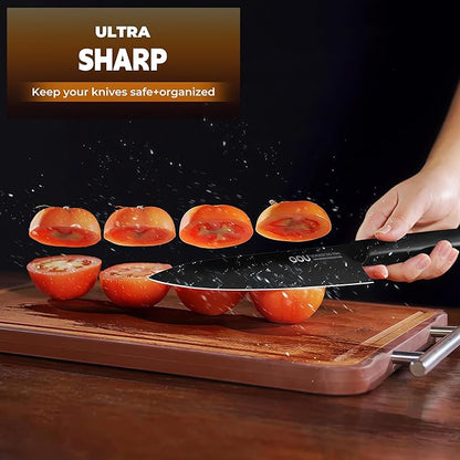 OOU Kitchen Knife Block Set - 15 Pieces High Carbon Stainless Steel Chef Knife Sets, Anti-Rust Black Knives Set with Built-in Sharpener Block, Walnut