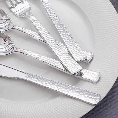 KIRE 400PCS Silver Plastic Silverware - Disposable Silverware, Heavy Duty Plastic Silverware Set Include 200 Silver Forks,100 Silver Knives,100 Silver Spoons for Party,Wedding for Christmas