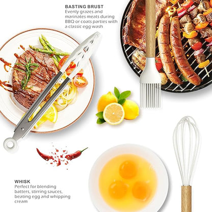 Silicone Cooking Utensils Set - 446°F Heat Resistant Silicone Kitchen Utensils for Cooking,Kitchen Utensil Spatula Set w Wooden Handles and Holder for Non-Stick Cookware (Cream White)