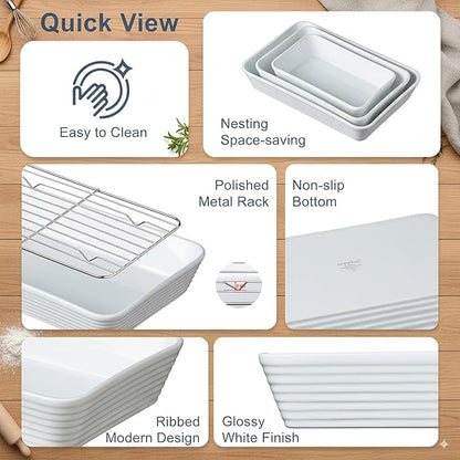 ONEMORE Baking Dishes for Oven, Large Casserole Dishes for Oven with Roasting Racks, Rectangular Ceramic Baking Dish Set of 3 for Cooking & Serving, Handleless Deep Dish Lasagna Pan (3QT/2.1QT/1.3QT)