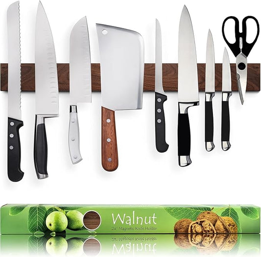 Premium 24 Inch (Large Size) Dark Walnut Wood Magnetic Knife Holder – Professional Wooden Magnetic Knife Strip - Space-Saving Knife Rack/Knife Bar With Powerful Magnetic Pull Force (Upgraded Version)