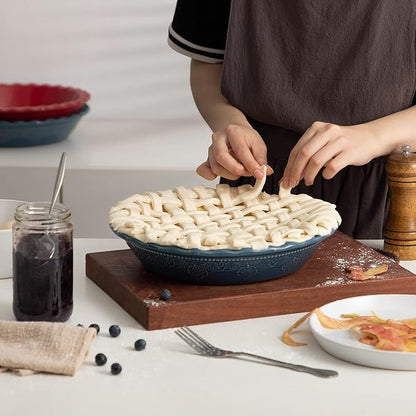 Fun Elements Pie Pan, 9 Inch Ceramic Pie Dish, Deep Dish Pie Pan with Lace Emboss, Ruffled Pie Plate for Baking, Thanksgiving Christmas Gifts, Set of 2, Blue