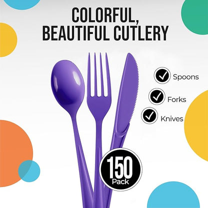 Party Solids Purple Plastic Silverware Heavy Duty 150 Pieces Purple Plastic Cutlery Sets, Utensil Sets, 50 Of Each Forks, Knives & Spoons Disposable Cutlery Set, Flatware Set For Party Supplies
