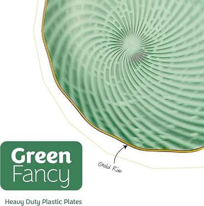 PLASTICPRO 60 Pack Plastic Plates Set of 30-10 inch Plates and 30-7 inch Plate, Elegant Clear Green Spiral and Gold Rim Disposable Fancy Plate Premium Heavyweight