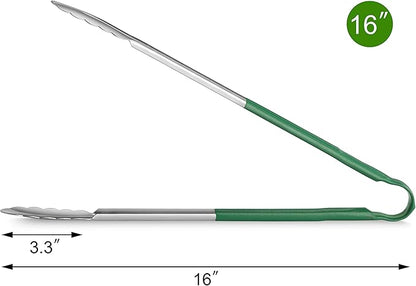 New Star Foodservice 35810 16-Inch Utility Spring Tongs, Stainless Steel, Vinyl Coated, Set of 12, Green