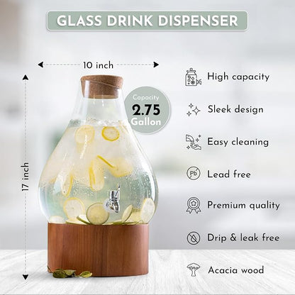 Classic Home Teardrop Clear Glass Ice Cold Beverage Drink Dispenser- 2.75 Gallon, With Cork Lid & Modern Wood Base Leak Proof Spigot- Wide Mouth Easy Filling For Outdoor, Parties & Daily Use