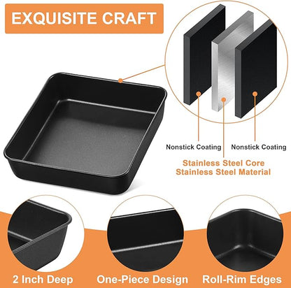 E-far 8x8 Baking Pan, Nonstick Square Cake Pan with Stainless Steel Core, Black Metal Bakeware for Brownies Lasagna Cakes, Non-toxic & Easy Clean, 2 Inch Deep
