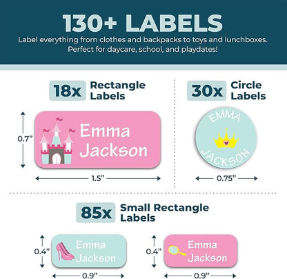 Personalized Daycare Name Labels for Kids (130 Labels) - Custom Waterproof Name Stickers for Clothing Tags, Water Bottles, Lunch Boxes and School Supplies (Princess)