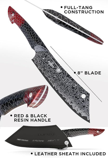 Dalstrong Crixus Chef Knife - 8 inch - Scorpion Series - Exclusive Japanese V12 Ultra™ Steel - Black Damascus - Black & Red Honeycomb Resin Handle - Versatile Chopping Kitchen Knife Leather Sheath