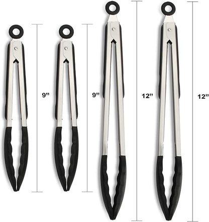 4 Pack Black Kitchen Tongs, Premium Silicone BPA Free Non-Stick Stainless Steel BBQ Cooking Grilling Locking Food Tongs, 9-Inch & 12-Inch