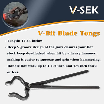 Blacksmith Tongs Set - V-Bit Blade, Flat, and Assembled Tongs for Knife Making, Blacksmithing, and Bladesmithing (3PCS Steel Forge Tongs)