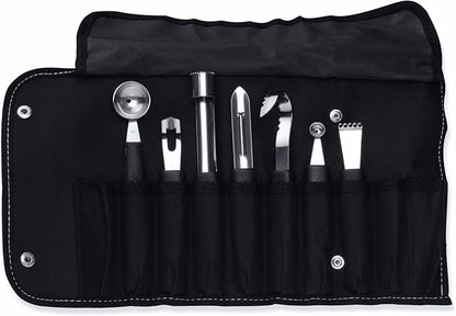 BergHOFF Essentials 8Pcs Garnishing Set in Bag, Lemon Zester, Double & Single Melon Baller, Channel Knife, Butter Curler, Peeler, Apple Corer, Great for Gift, Professional & Domestic Use