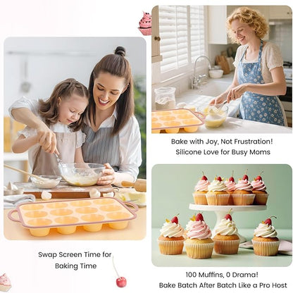 Silicone Muffin Pans for Baking 2 Pack, 2.6 Inch with Metal Reinforced Frame, Regular Size Nonstick Silicone Cupcake Pan for Baking Homemade Muffins, Cupcakes, Dishwasher Safe BPA Free-Yellow