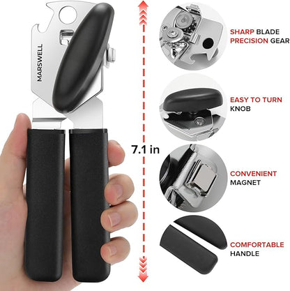 Can Opener Manual, MARSWELL Comfy Grip Can Opener Hand Held with Magnetic Lifter, Smooth Cutting Sharp Blade, Manual CanOpener for Seniors with Easy Turn Knob, Black