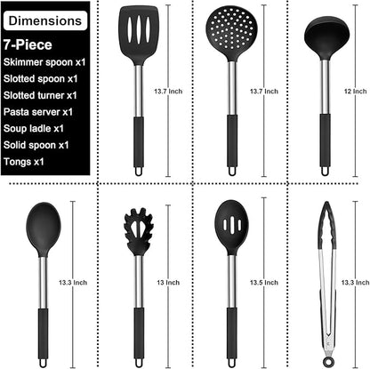 E-far Silicone Cooking Utensils Set, 7 Pcs Heat Resistant Kitchen Utensils with Stainless Steel Handle, Slotted Turner, Spoon, Soup Ladle, Pasta Server, Skimmer, Tongs for Nonstick Cookware, Black