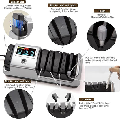 Silver Professional 3-Stage Electric Knife Sharpener for Kitchen Knives, LCD Screen, 100% Diamond Abrasive, Adjustable Rotational Speed, Precision Angle Guides for All Kitchen Knives