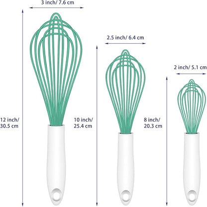 Teal Silicone Whisk, Sealed Waterproof Design Set of 3, Professional Kitchen Whisks for Cooking Non-Scratch, Silicone&Stainless Steel Whisk, Heat Resistant 480°F Rubber wisk, BPA free