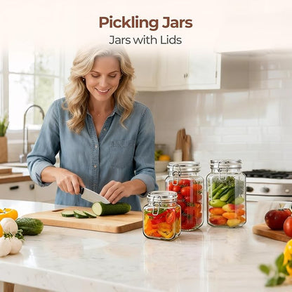 ComSaf Airtight Glass Canister Set of 3 with Lids 50oz Clear Food Storage Jars Square, Kitchen & Pantry Organization Food Storage Container for Canning, Sugar, Flour, Pasta, Candy, Cereal, Coffee