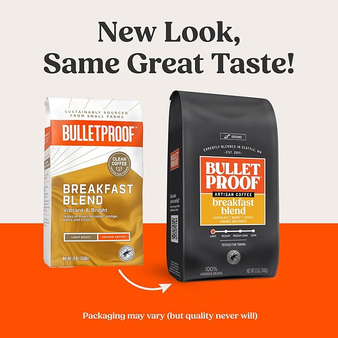 Bulletproof Breakfast Blend Light Roast Ground Coffee, 12 Ounces, Clean Coffee Tested for Toxins, Packaging May Vary (Pack of 2)