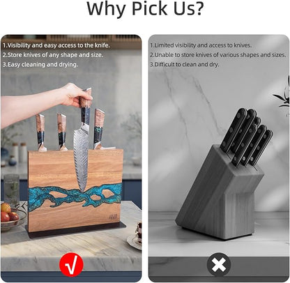 FINDKING Magnetic Knife Block, Double Sided Holder, Powerful Magnet Kitchen Storage, Acacia Wood and Blue Resin (12 x 10 Inches, Without Knives)