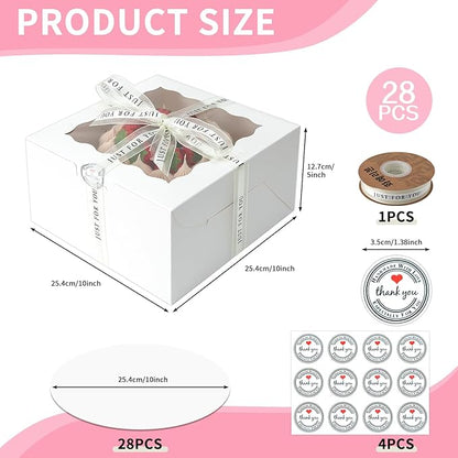 28 Pack Cake Boxes with Window, 10x10x5 Inches Bakery Containers, 10 Inch Cake Carrier, Disposable Bakery Boxes for Cake Cupcake Cookie Pie Pastry (White, 10105 inch/28pcs)