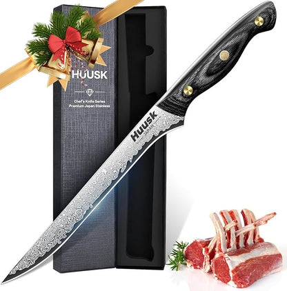 Huusk Damascus Boning Knife 8 inch, VG10 Brisket Trimming Knives for Meat Cutting, Flexible Fillet Knife, Butcher Knives, Kitchen Slicing Knives with Full Tang Handle, Birthday Dad Mom Gift