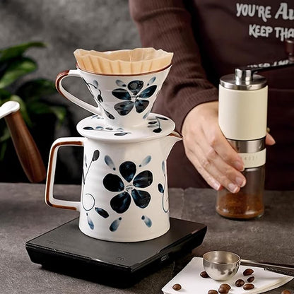 Ceramic Pour Over Coffee Maker Set, Ceramic Coffee Dripper with Single Hole, Coffee Pot & 100 Paper Filters for Home, Travel, Camping (1-4 Cup)