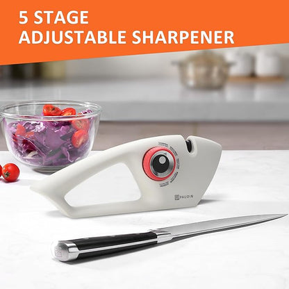 PAUDIN Knife Sharpener, Kitchen Knife Sharpener, 5 Stage Knife Sharpeners for Kitchen Knives, Pocket, Serrated Knives & Scissors, Blade Sharpening, Honing & Polishing Tool, White