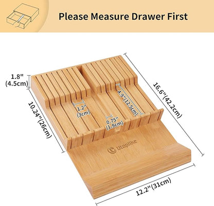 Utoplike In-drawer Knife Block Bamboo Kitchen Knife Drawer Organizer Large, Handle Steak knife Holder without Knives, Fit for 16 Knives and 1 Sharpening Steel (Knives & Sharpening Not Included)