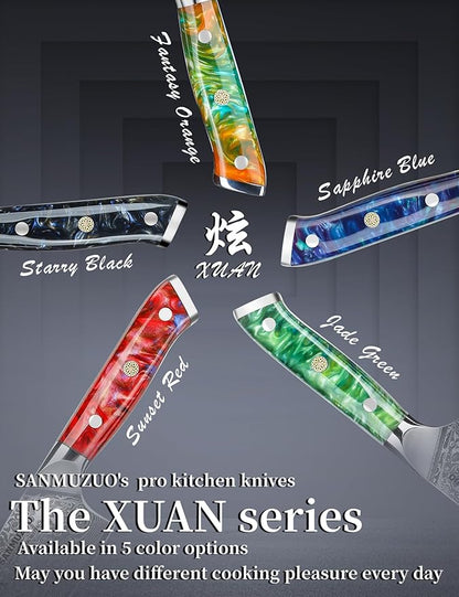 Steak Knives Set of 4, Ultra Sharp Non Serrated Kitchen Steak Knife 5 Inch - Damascus Steel & Resin Handle - Xuan Series (Sapphire Blue)