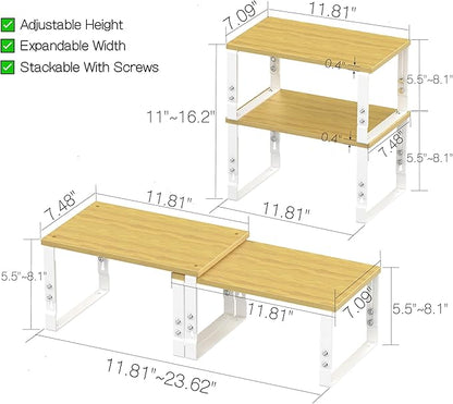 Adjustable Storage Shelves for Kitchen Cabinet Organization - Set of 2 Stackable Metal & Solid Wood Racks, Space-Saving Design for Countertop/Pantry/Garage, Easy Assembly(2 Packs/Medium/White)