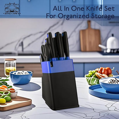 14 Pcs Kitchen Knife Block Set with Sharpener German High Carbon Stainless Steel Chef Knives, Razor-Sharp & Durable, Lightweight Anti-Slip Handle, Professional Set for Home & Kitchen (Blue)