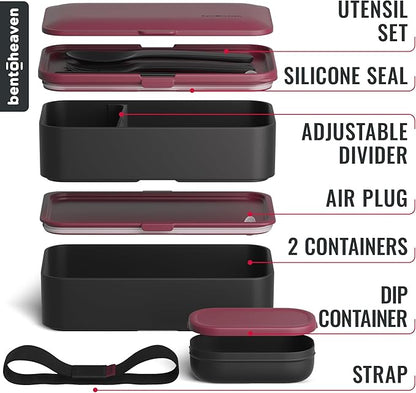 Bentoheaven Premium Bento Box Adult Lunch Box with Compartments for Women & Men, Set of Utensil & Chopsticks & Dip Container, Cute Japanese Kids Bento Lunch Box, Microwavable (Very Berry)