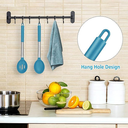 Pack of 2 Large Silicone Cooking Spoons, Non-Stick Stainless Steel Slotted and Solid Spoon Set for Serving, Mixing, Draining, Heat Resistant, Scratch Resistant and BPA Free Kitchen Scoops (Blue)