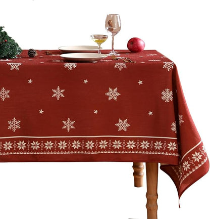 ISAENNE Designer Christmas Red Long Tablecloth Rectangular,Linen Table Cloth with Snowflakes Pattern,Wrinkle Resistant Decor Tablecloths for Dining Kitchen Thanksgiving Christmas,63"*94"-Carol C