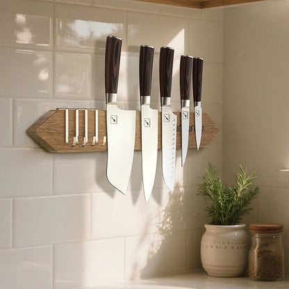 imarku Magnetic Knife Holder for Wall - 16 Inch Acacia Wood Magnetic Knife Strip with Powerful Magnet, Knife Magnetic Strip for Kitchen Utensil Organizer with 4 Hooks, Natural Acacia