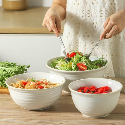 Hasense Mixing Bowls, Ceramic Serving Dishes for Cooking, Baking, Prepping, Nesting Bowls for Salads, Fruit, Popcorn, 2.1/1.5/1.0 Qt, Dishwasher & Microwave Safe, Clay-Infused White