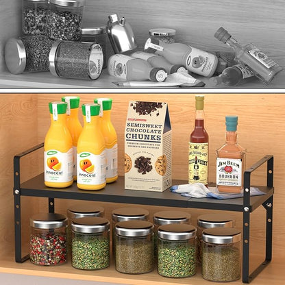 Expandable Cabinet Shelf Organizer, Stackable Kitchen Pantry Counter Storage, Adjustable Closet Cupboard Stand Rack Risers Spice Organization 80LBS Heavy Duty Black Large 1 Pack