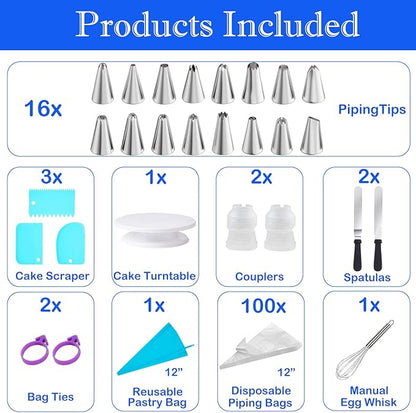 124 PCS Cake Decorating Kit with Cake Stand Turntable, Piping Bags and Tips Set, 100+1 Piping Bags, 12 Icing Piping Tips, 3 Scrapers, 2 Spatulas, Manual Egg Whisk, Baking Supplies for Cake Lovers
